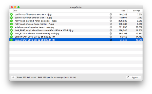Screen shot of ImageOptim software used to compress image files