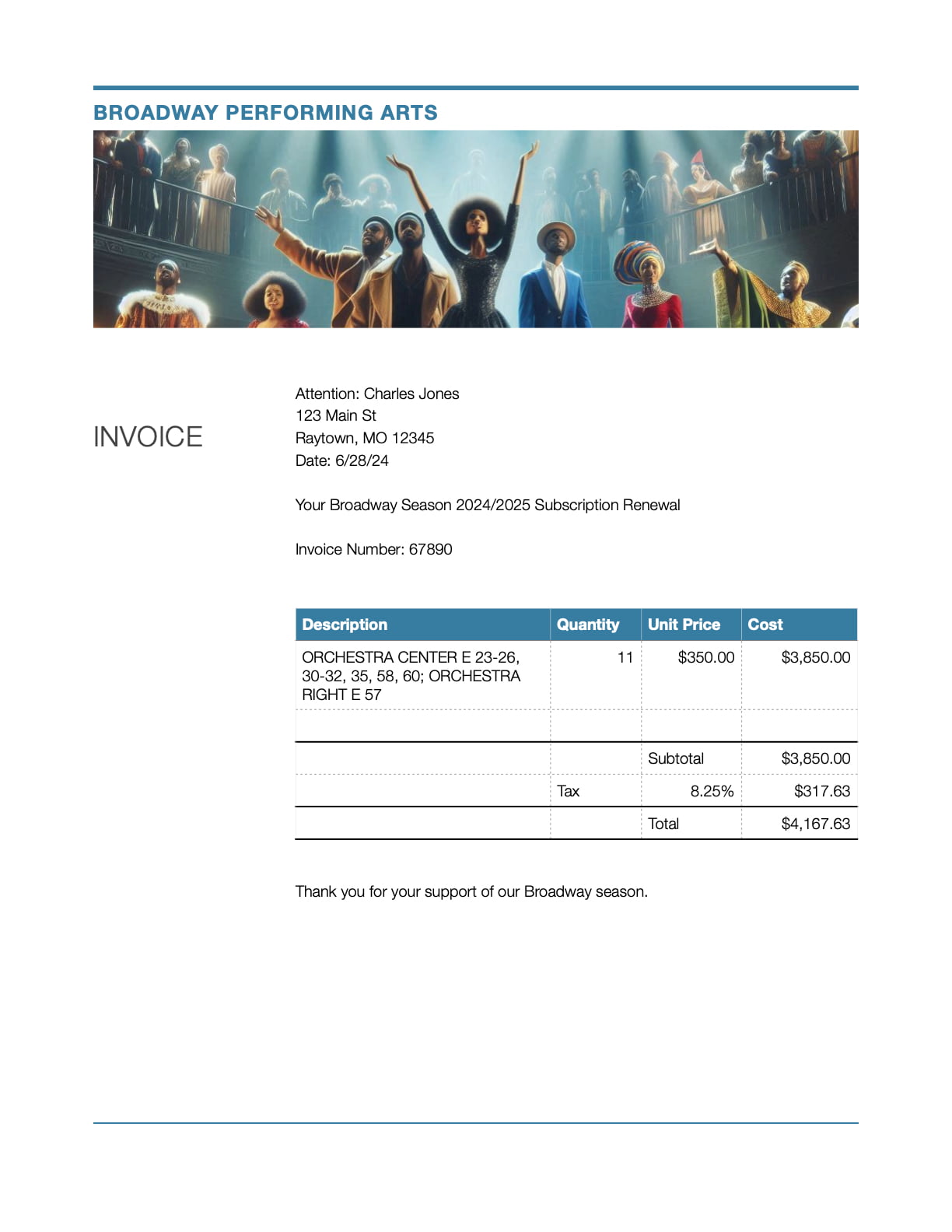 Depicts an invoice for a Broadway season subscription renewal.