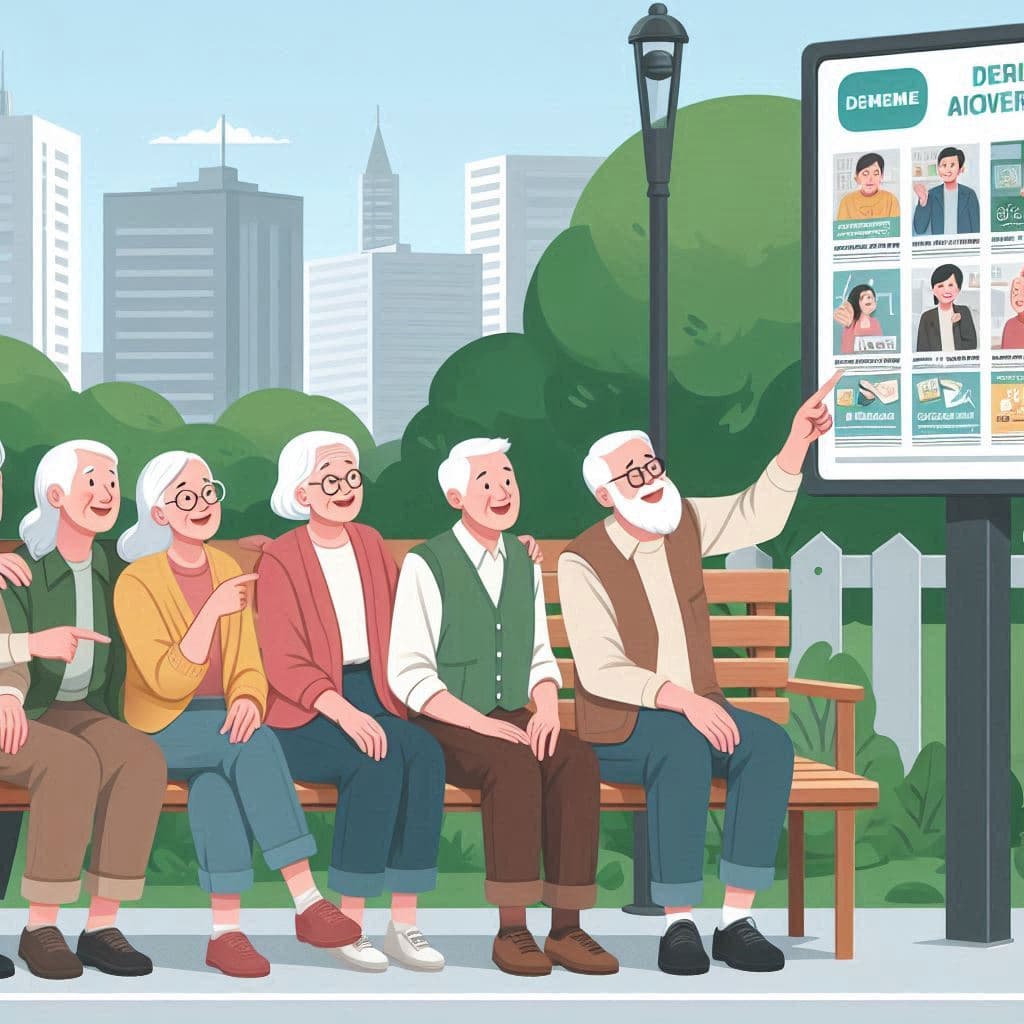 illustration of 65+ group of people sitting on a park bench pointing at a large screen with social media ads on it