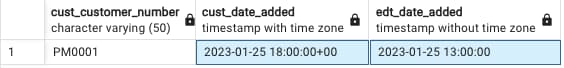 query_returns_two_timestamps_one_in_gmt_one_in_edt query result showing gmt time and eastern time for the same database value