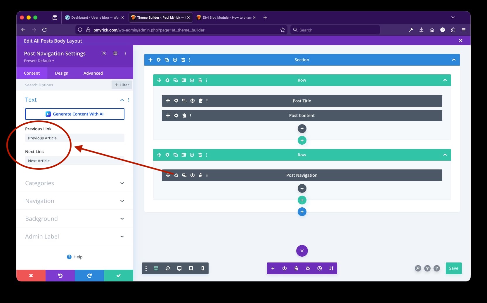 Divi post navigation module settings screenshot with previous/next settings circled in red